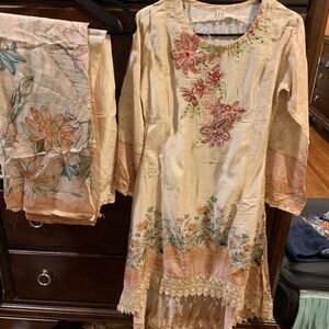 Floral Embroidered Beige Dress with Scarf